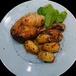 High angle view of roasted meat in plate