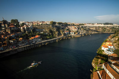 High angle view of river amidst buildings against sky