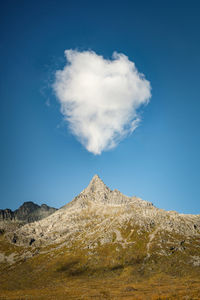 Low angle view of heart shape cloud over mountain