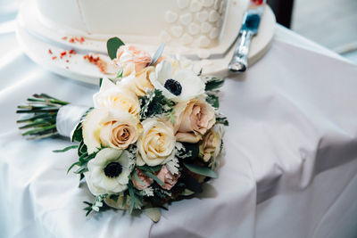 High angle view of rose bouquet on table