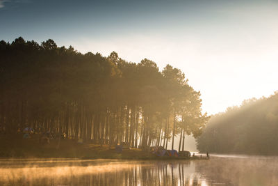 Scenic view of trees by lake against sky