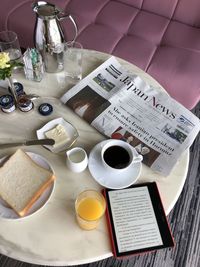 High angle view of coffee cup on table