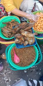 High angle view of hand for sale at market stall