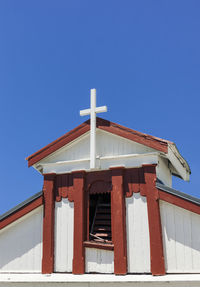 Low angle view of building against clear blue sky