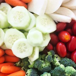 High angle view of chopped fruits and vegetables