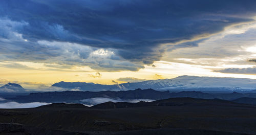 Scenic view of snowcapped mountains against sky during sunset