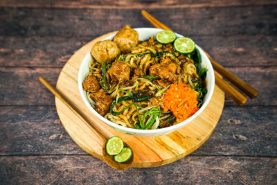 High angle view of vegetables in bowl on table