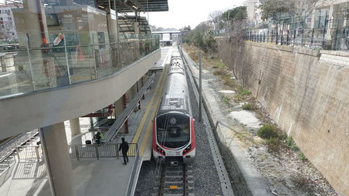 High angle view of train in city