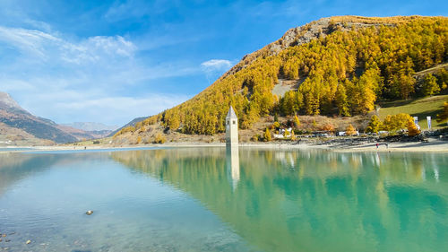 Scenic view of lake by mountains against sky