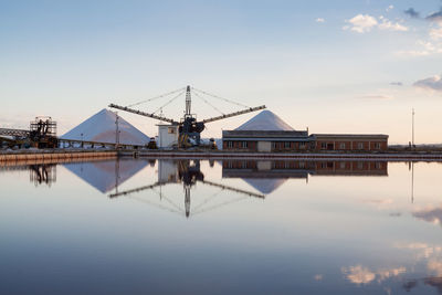 Cranes at commercial dock against sky during sunset