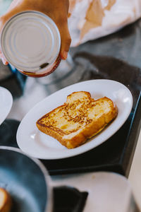 High angle view of breakfast served on table