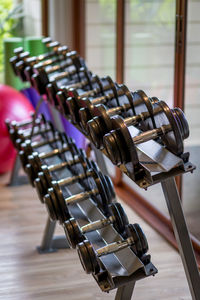 Dumbbell weights, lined up in the gym