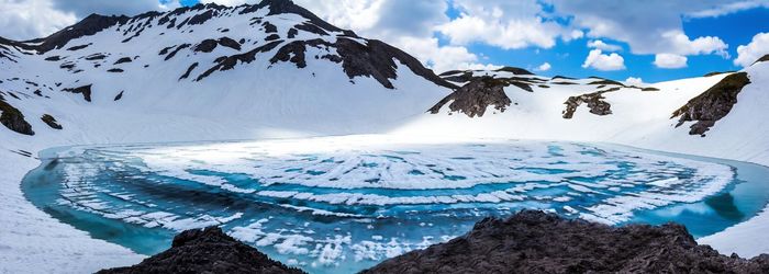 Scenic view of snow covered mountains