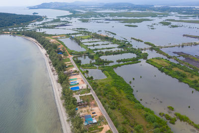 High angle view of river amidst city