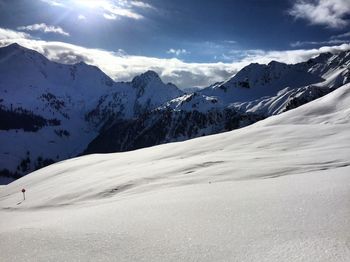 Scenic view of mountains against cloudy sky