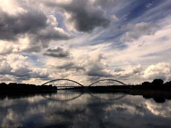 Bridge over river against cloudy sky