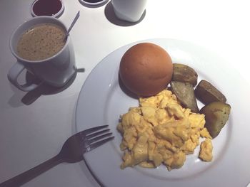 High angle view of breakfast on table