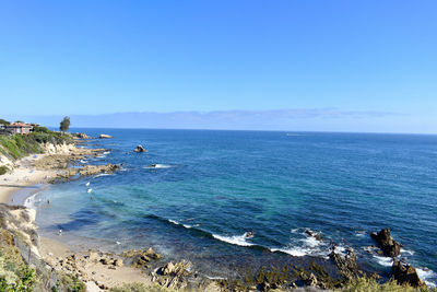 Scenic view of sea against clear blue sky