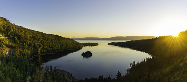 Scenic view of lake against clear sky during sunset