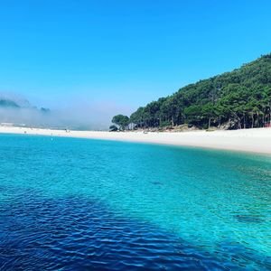 Scenic view of sea against clear blue sky