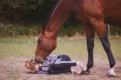 Horse with young woman lying on field