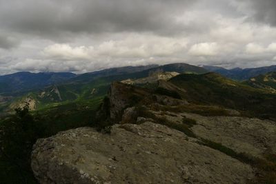 Scenic view of mountains against cloudy sky