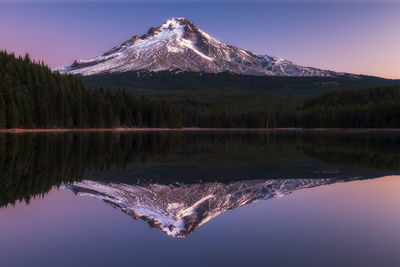 Scenic view of lake by snowcapped mountain against sky