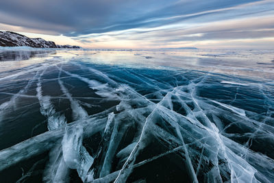 Full frame shot of snow covered landscape against sky during sunset