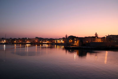 Illuminated buildings by river against clear sky at sunset