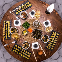 High angle view of breakfast on table