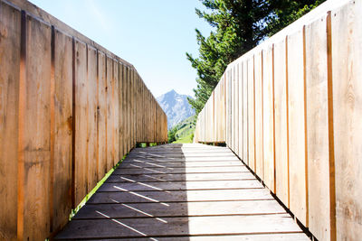 Boardwalk amidst trees against sky