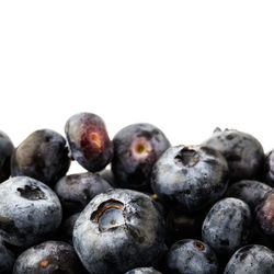 Close-up of blueberries against white background