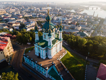 High angle view of buildings in city against sky