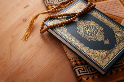 High angle view of book on table