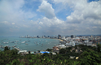 High angle view of buildings and sea against sky