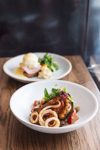 High angle view of meal served on table