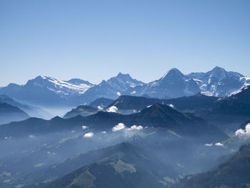 Scenic view of snowcapped mountains against clear sky