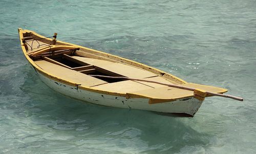 High angle view of fishing boat moored in sea