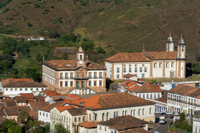 High angle view of buildings in town