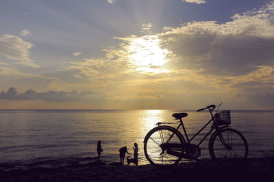 Set of photos, silhouettes, tourists and bicycles