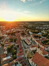 High angle view of townscape against sky during sunset