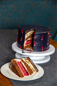 Close-up of cake in plate on table