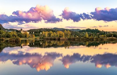 Reflection of trees in lake against sky during sunset