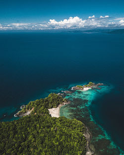 High angle view of bay against sky