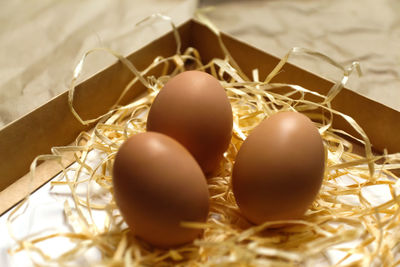 Close-up of easter eggs in nest