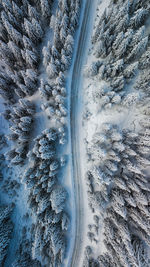 Aerial view of road amidst snow covered forest during winter