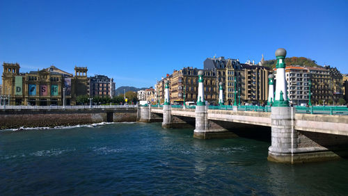 View of buildings in city against clear blue sky