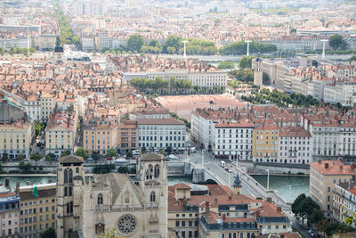 High angle view of buildings in city