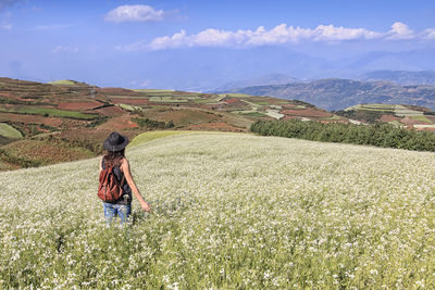 Rear view of woman walking through tall wildflowers