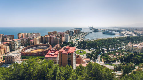 High angle view of buildings in city